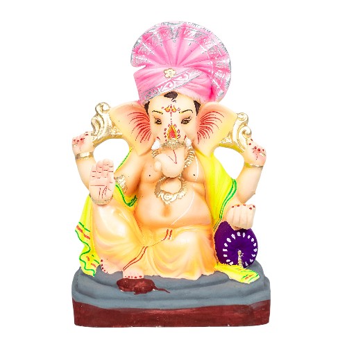 MH Ganesha - Clay- 12 Inch - Colour Turban Right Trunk
