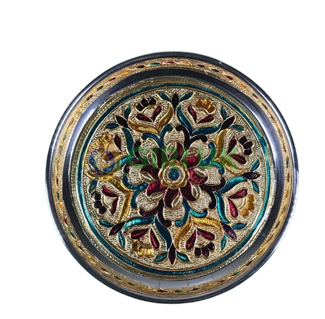 Meenakari Pooja Plate - Floral design - Stainless Steel