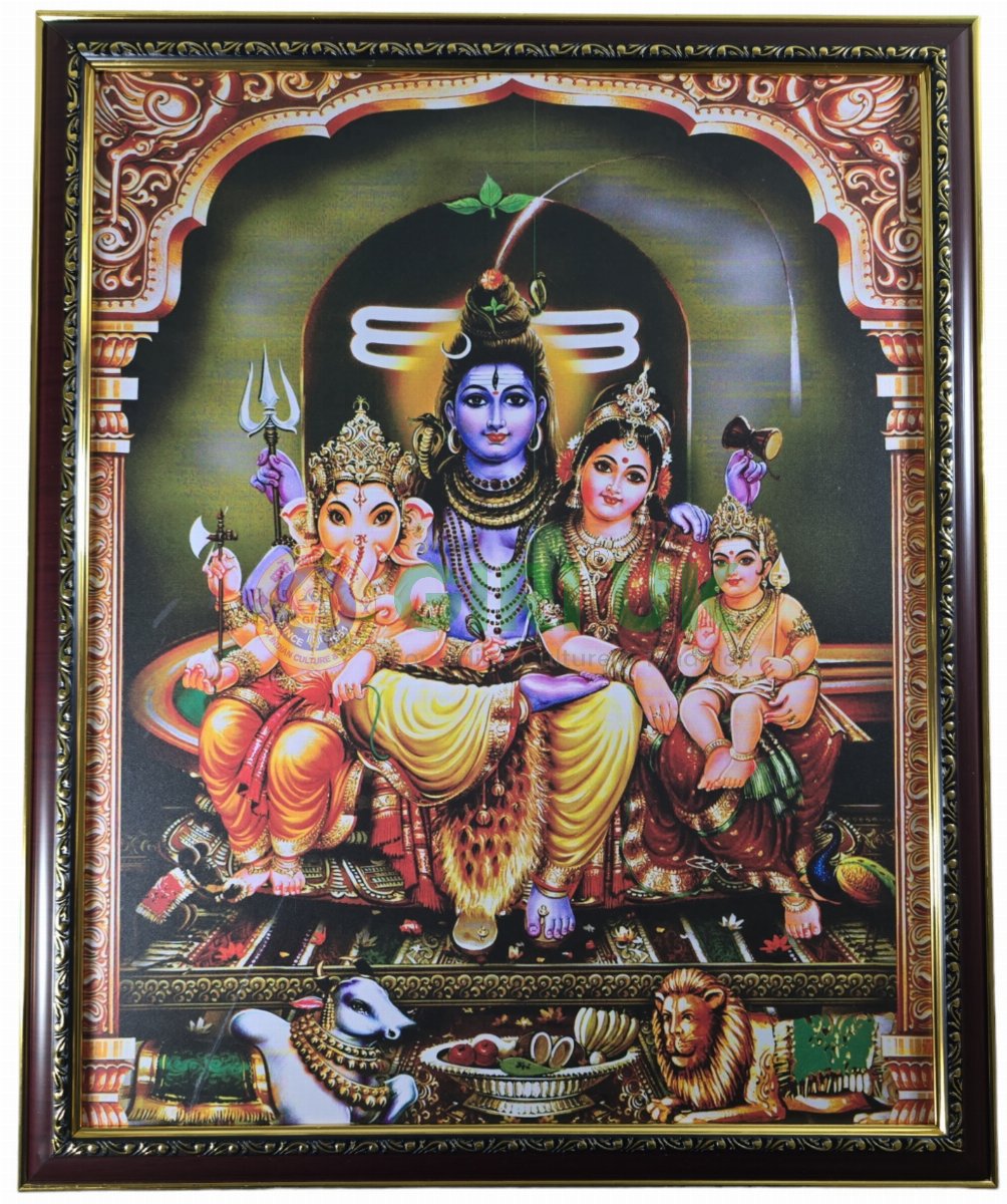 Lord Shiva Family - Lingam Picture with wooden frame - 18 x 22 inches