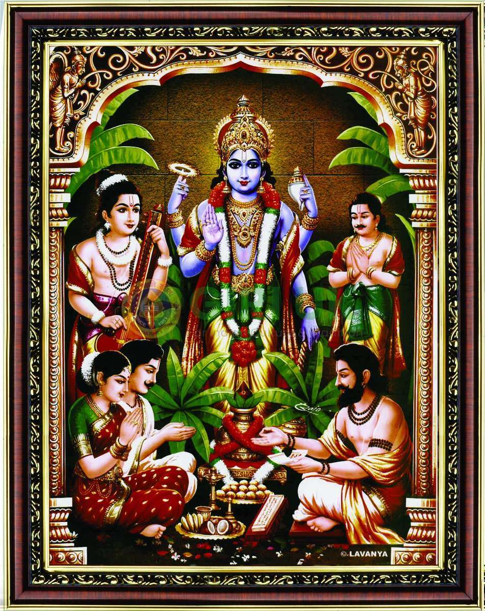 Sri Satya Narayana Picture with wooden frame - 14 x 11 inches