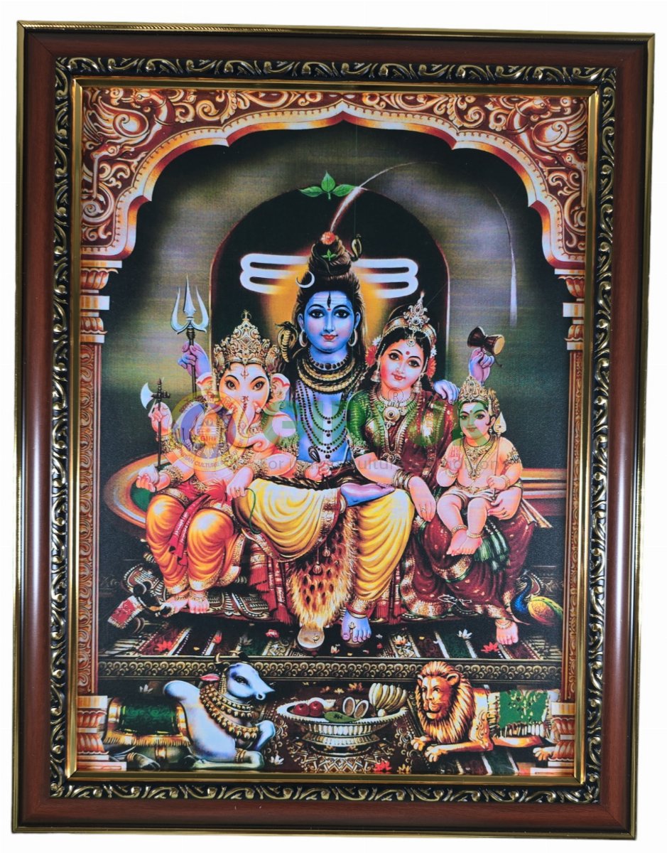 Lord Shiva Family Picture with wooden frame - 14 x 11 inches